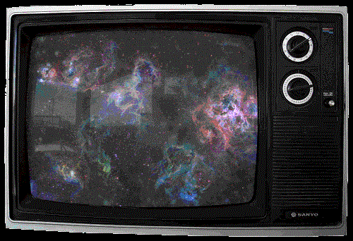 an animated gif image of a retro Television set flickering with noise and background interference